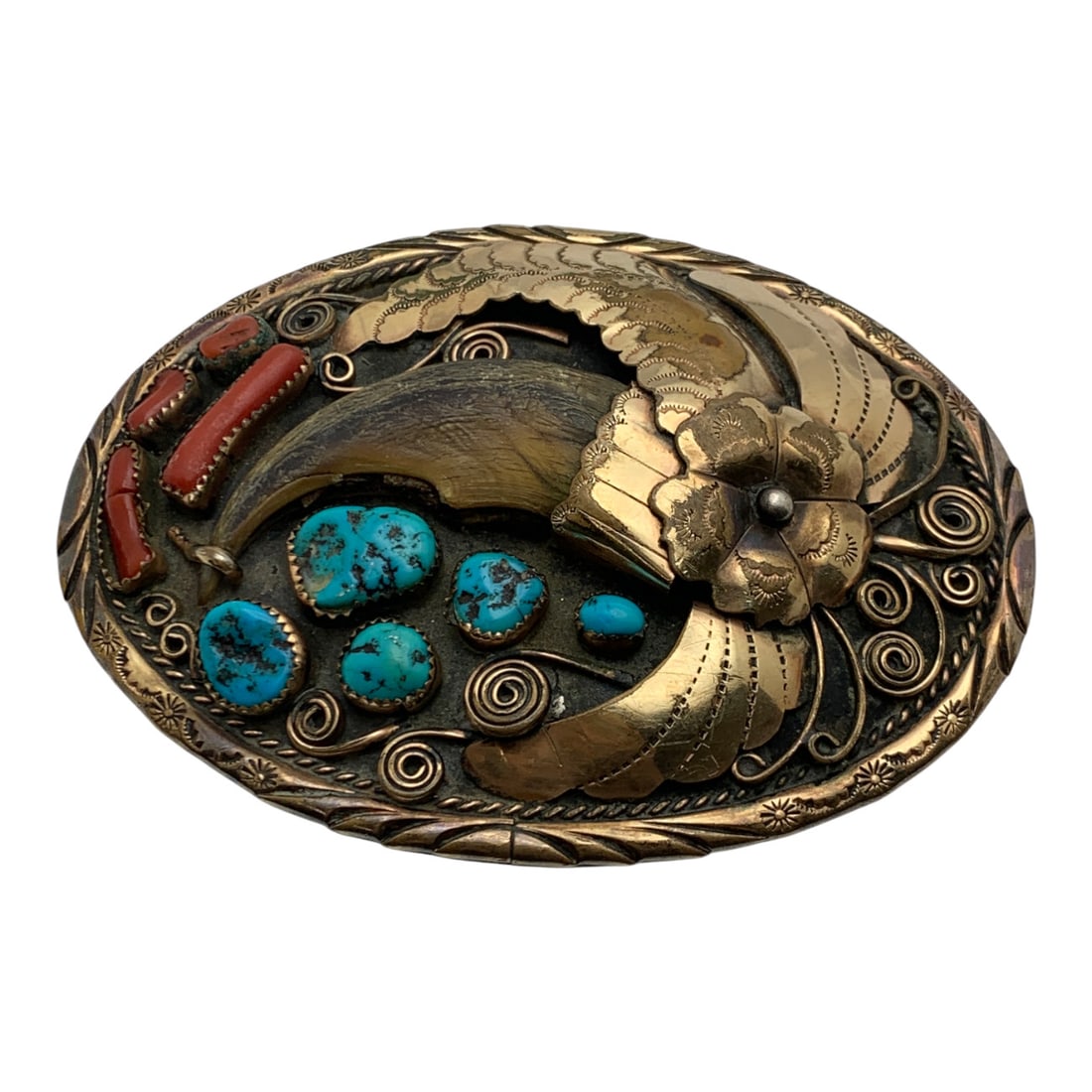 Navajo Sterling & 12k Gold Filled Belt Buckle: Marked Sterling 12kgf - 4 1/8" Long - 95.9 Grams Includes Coral Turquoise & Bone Talon