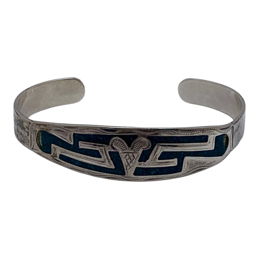 Silver & Blue Stone Cuff Bracelet: Tests Silver - 2 1/8" Inside Width - 10.6 Grams