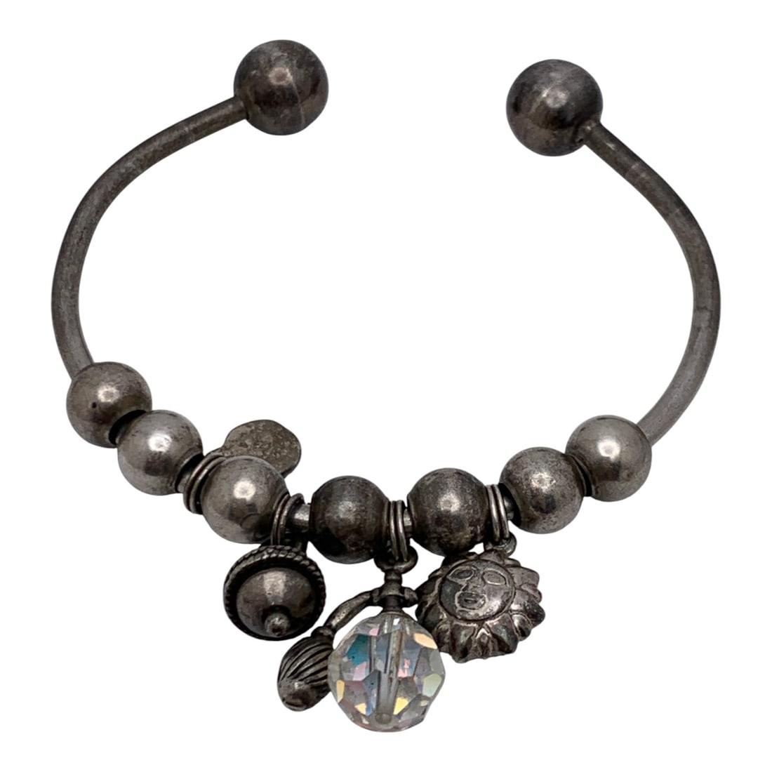 Silver Cuff Bracelet With Charms: Tests Silver - 2 3/8" Inside Width - 20.7 Grams