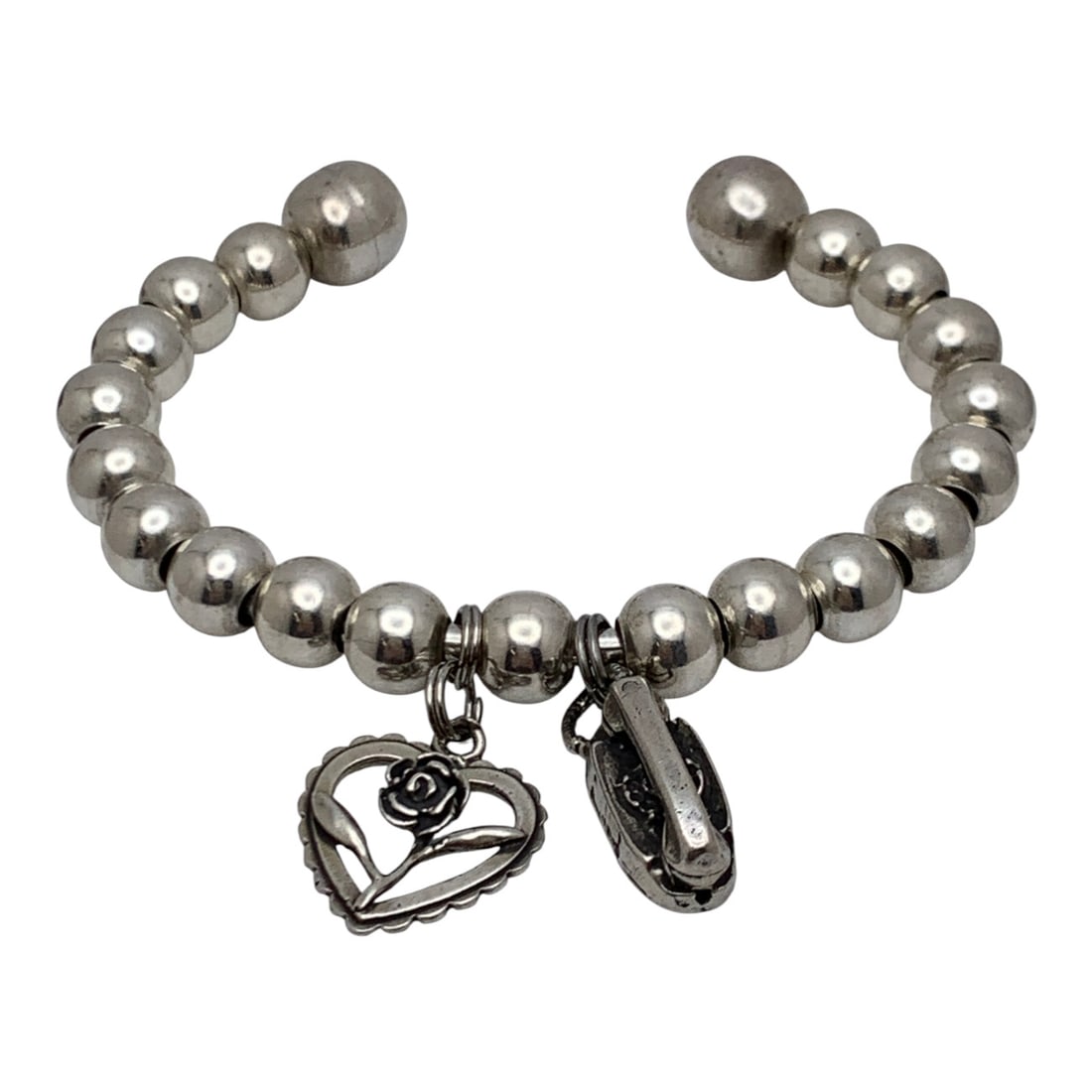 Silver Beaded Cuff Bracelet: Tests Silver - 2 1/4" Inside Width - 24.5 Grams