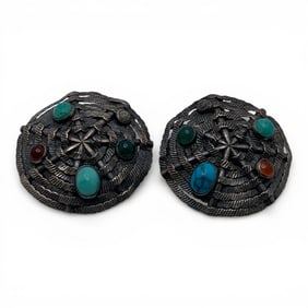 Pair Of Sterling Clip Earrings With Colored Stones
