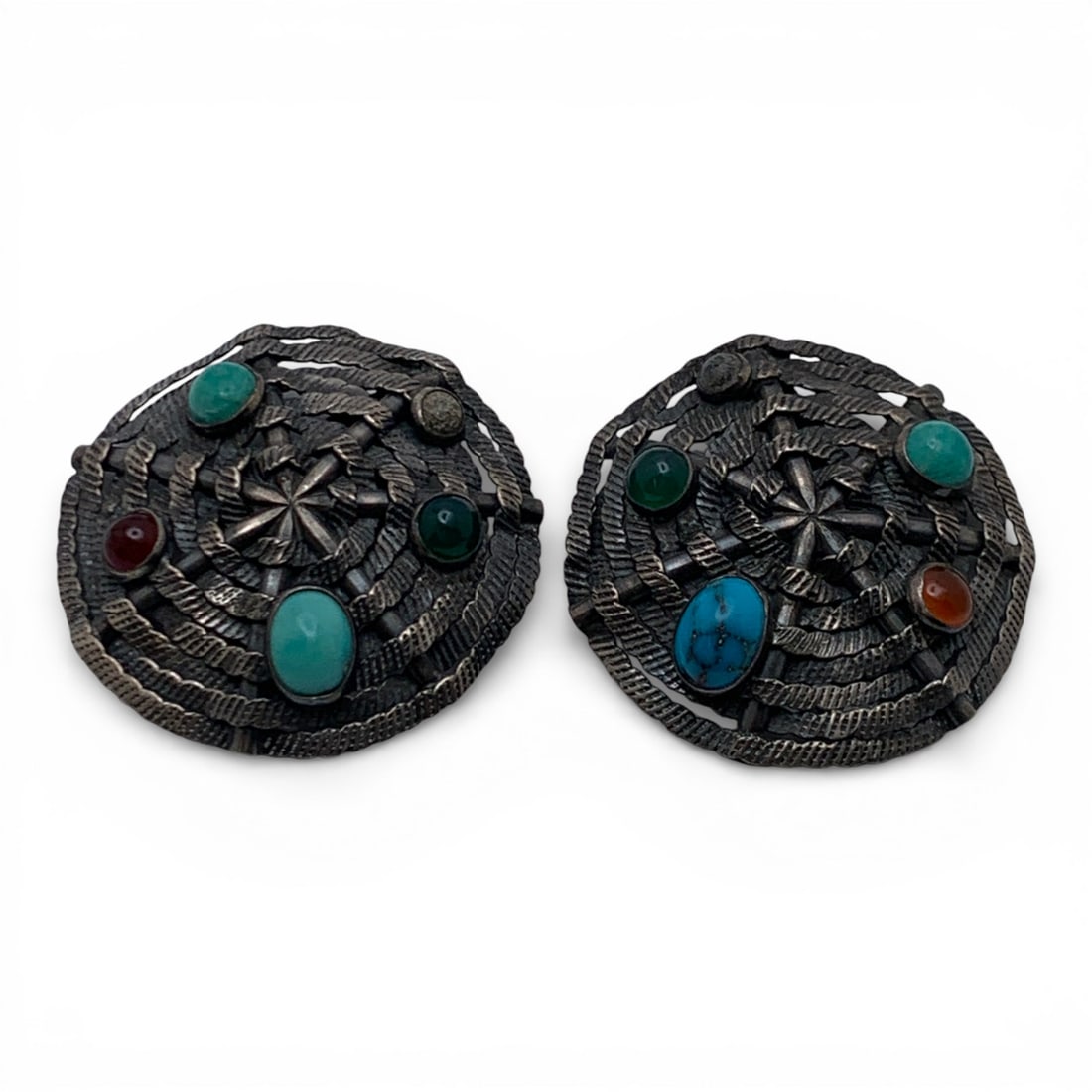 Pair Of Sterling Clip Earrings With Colored Stones: Marked 925 - 1 3/8" Long - 20.5 Grams
