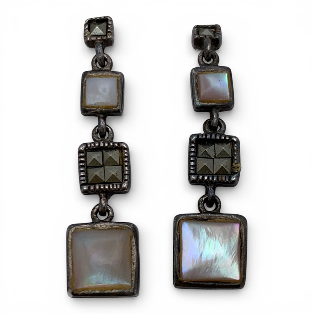 Sterling Marcasite & Mother Of Pearl Earrings: Marked 925 - 1 1/8" Long - 4.0 Grams