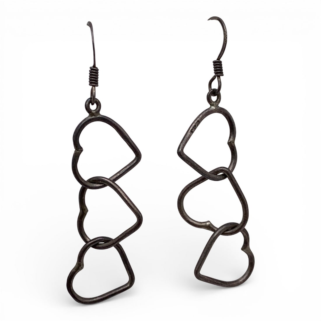 Pair Of Sterling Silver Heart Earrings: Marked 925 - 2" Long - 3.4 Grams