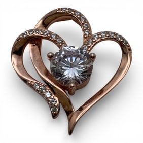 Sterling Bronze Tone Heart Pendant W Clear Stones