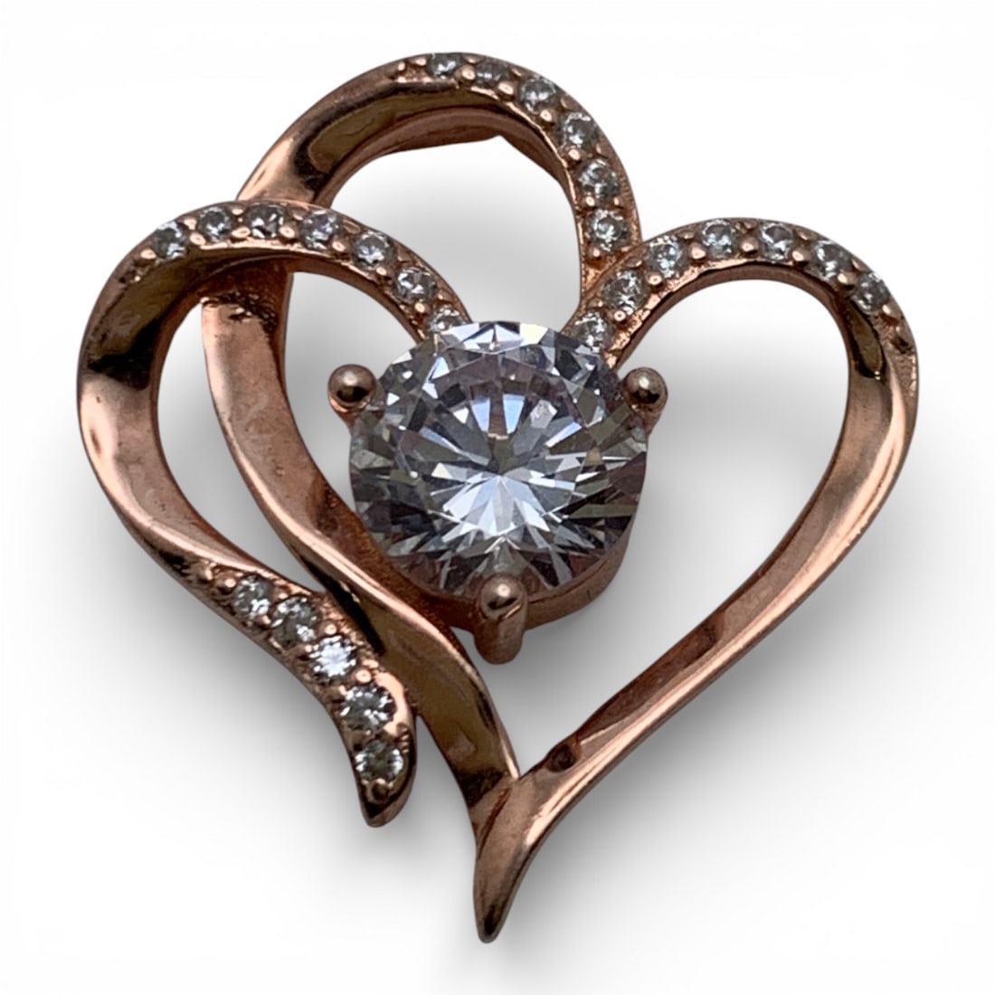 Sterling Bronze Tone Heart Pendant W Clear Stones: Marked 925 - 7/8" Long - 2.3 Grams