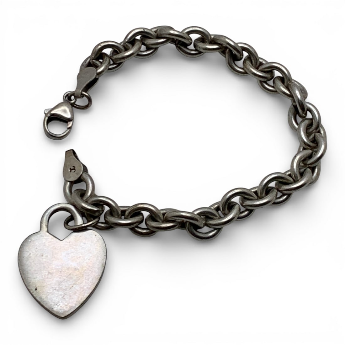 Sterling Silver Bracelet With Heart Charm: Marked 925 - 7 1/2" Long - 29.6 Grams