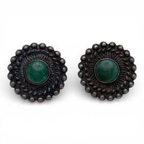 Pair Of Sterling Silver & Green Stone Earrings
