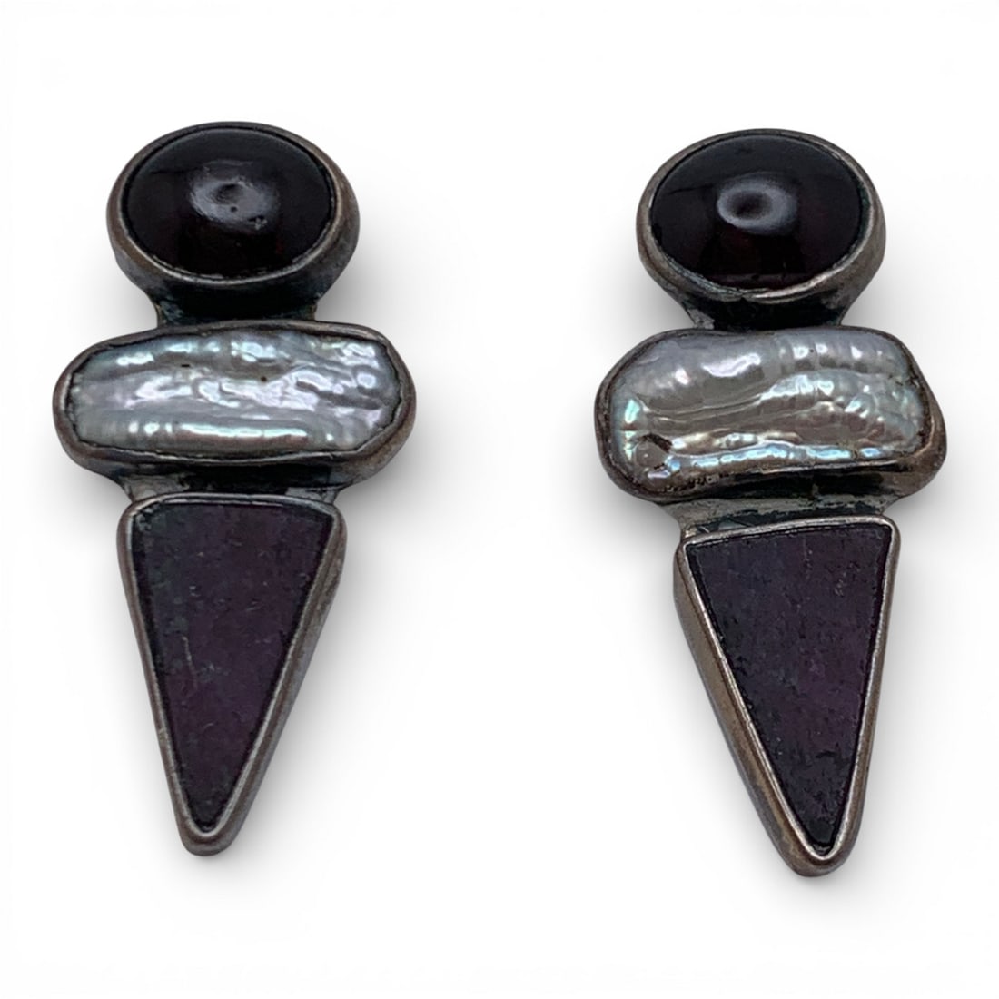 Pair Of Sterling Silver Earrings With Stones: Marked Sterling - 1 3/8" Long - 9.3 Grams