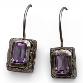 Pair Of Silver & Purple Stone Earrings