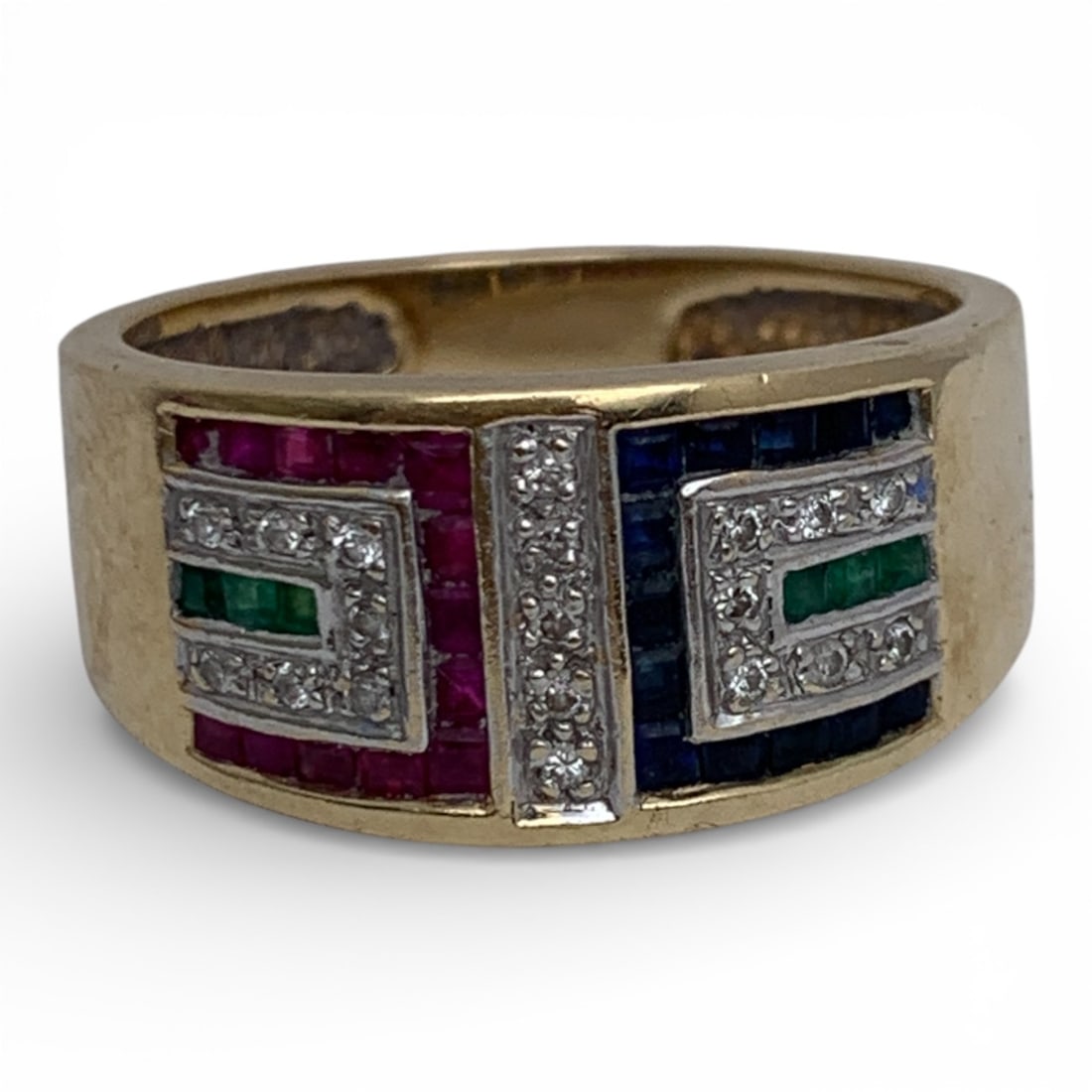 14k Gold Diamond Emerald Ruby & Sapphire Ring