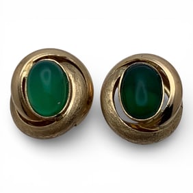 Pair Of 14k Yellow Gold & Green Stone Earrings