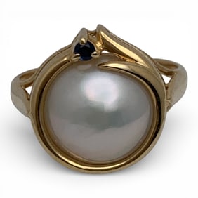 14k Yellow Gold Sapphire & Pearl Ring