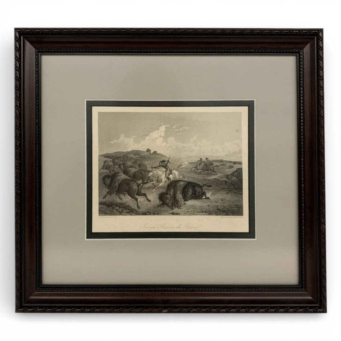 Charles Bodner Print, Hunting The Bison: Marked: Ch. Bodner, Pinx. Eng By Rawdon, Wright & Hatch. Titled: Indians Hunting The Bison. Framed And Under Glass: 11.5" X 13".