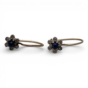 Pair Of 14k Gold Diamond & Blue Stone Earrings