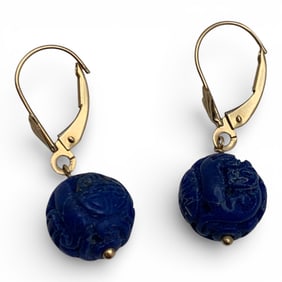 Pair Of 14k Gold & Carved Blue Stone Earrings