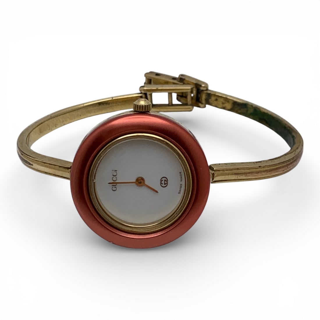 Gucci Swiss Made Gold Tone Women's Wrist Watch: Marked On Face: Gucci, Swiss MadeMarked On Back: Gucci, 11/12Marked On Clasp: Gucci 1" Face Diameter