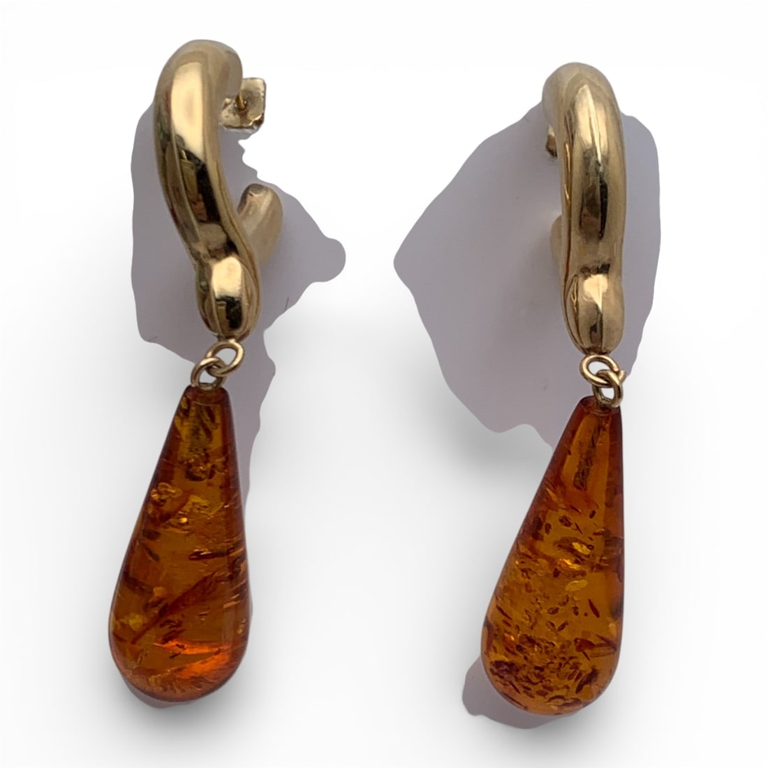 14k Yellow Gold & Amber Earrings: Marked 14k - 2" Long - 2.8 Dwt Gemstones Tested With Presidium Gem Tester Il - Berners Does Not Guarantee Authenticity Of Gemstones