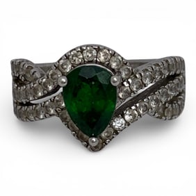 Sterling Ring With Clear & Green Stones