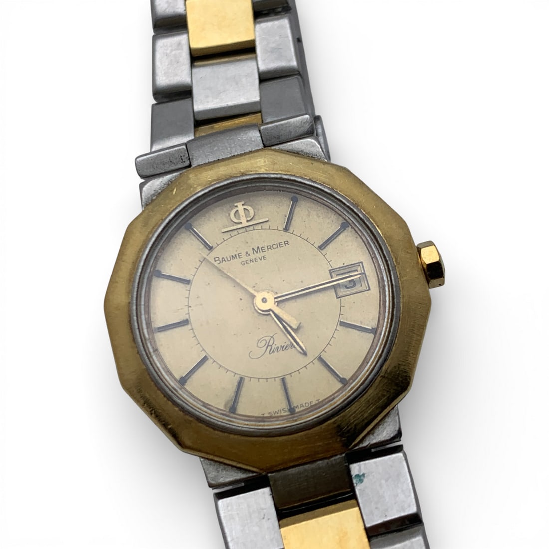 Baume & Mercier Swiss Made Wrist Watch: Marked On Face: Baume & Mercier, Geneve, Swiss MadeMarked On Back: 1443073Marked On Band: Baume & Mercier Geneve, Stainless Steel1" Face Diameter