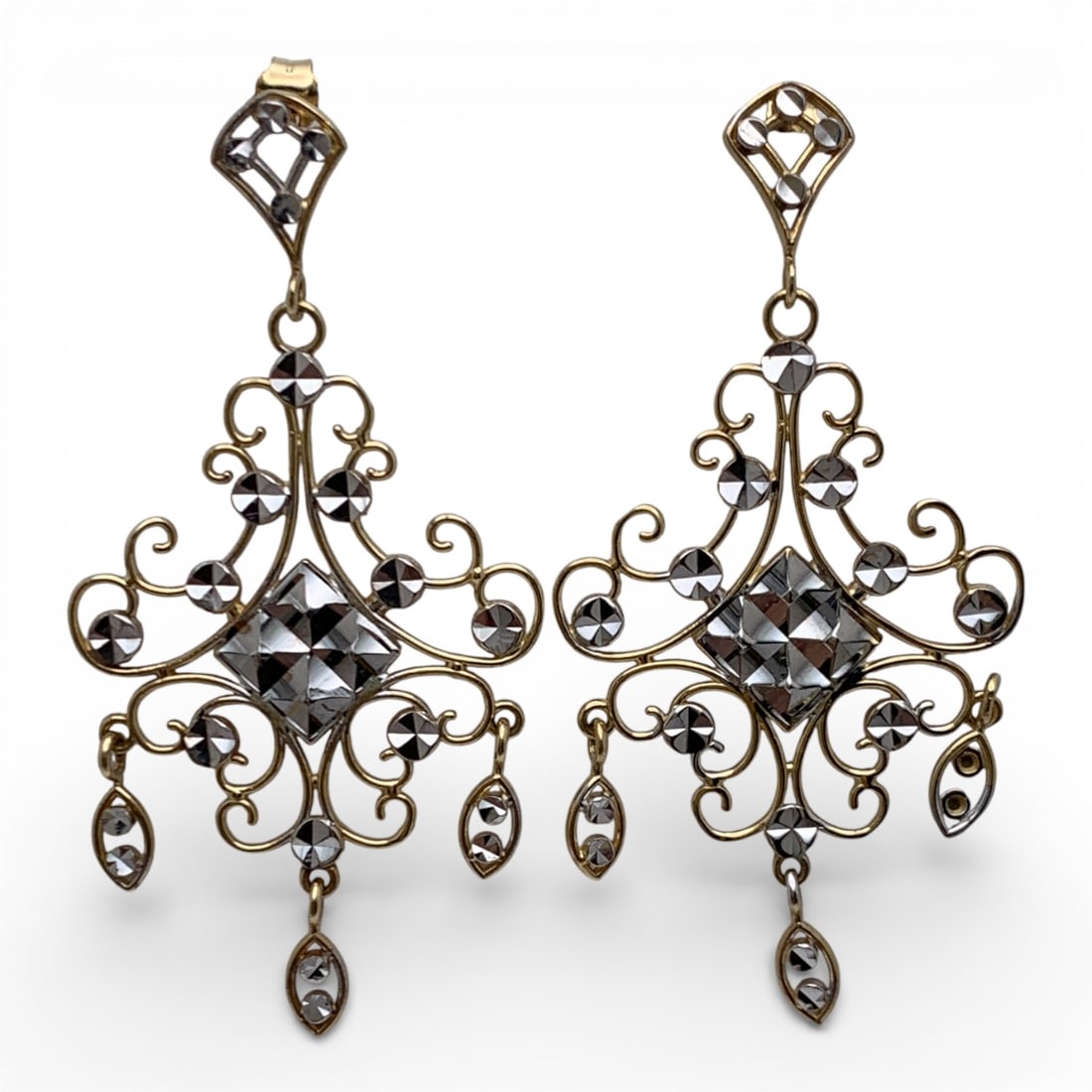 Pair Of 14k White & Yellow Gold Earrings: Marked 14k - 1 3/4" Long - 2.4 Dwt Gemstones Tested With Presidium Gem Tester Il - Berners Does Not Guarantee Authenticity Of Gemstones