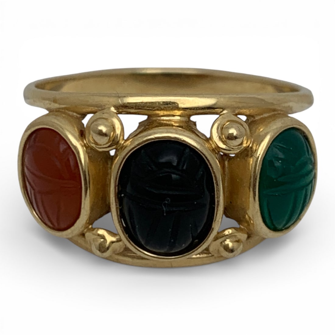 14k Yellow Gold & Scarrab Ring: Marked 14k - Size 10 - 2.5 Dwt Gemstones Tested With Presidium Gem Tester Il - Berners Does Not Guarantee Authenticity Of Gemstones