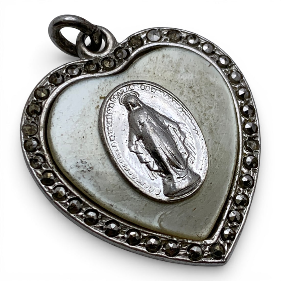 Sterling Marcasite & Mother Of Pearl Pendant: Marked Sterling - 1 1/4" Long - 7.8 Grams
