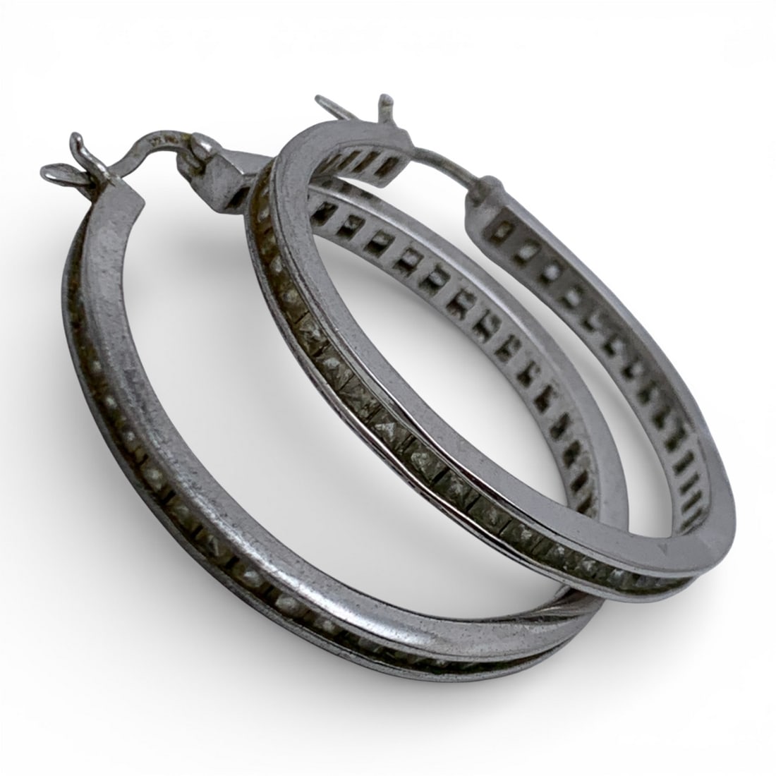 Sterling & Clear Stone Hoop Earrings: Marked 925 - 1 1/2" Long - 9.4 Grams