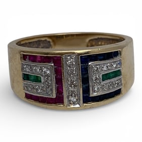 14k Gold Diamond Emerald Ruby & Sapphire Ring