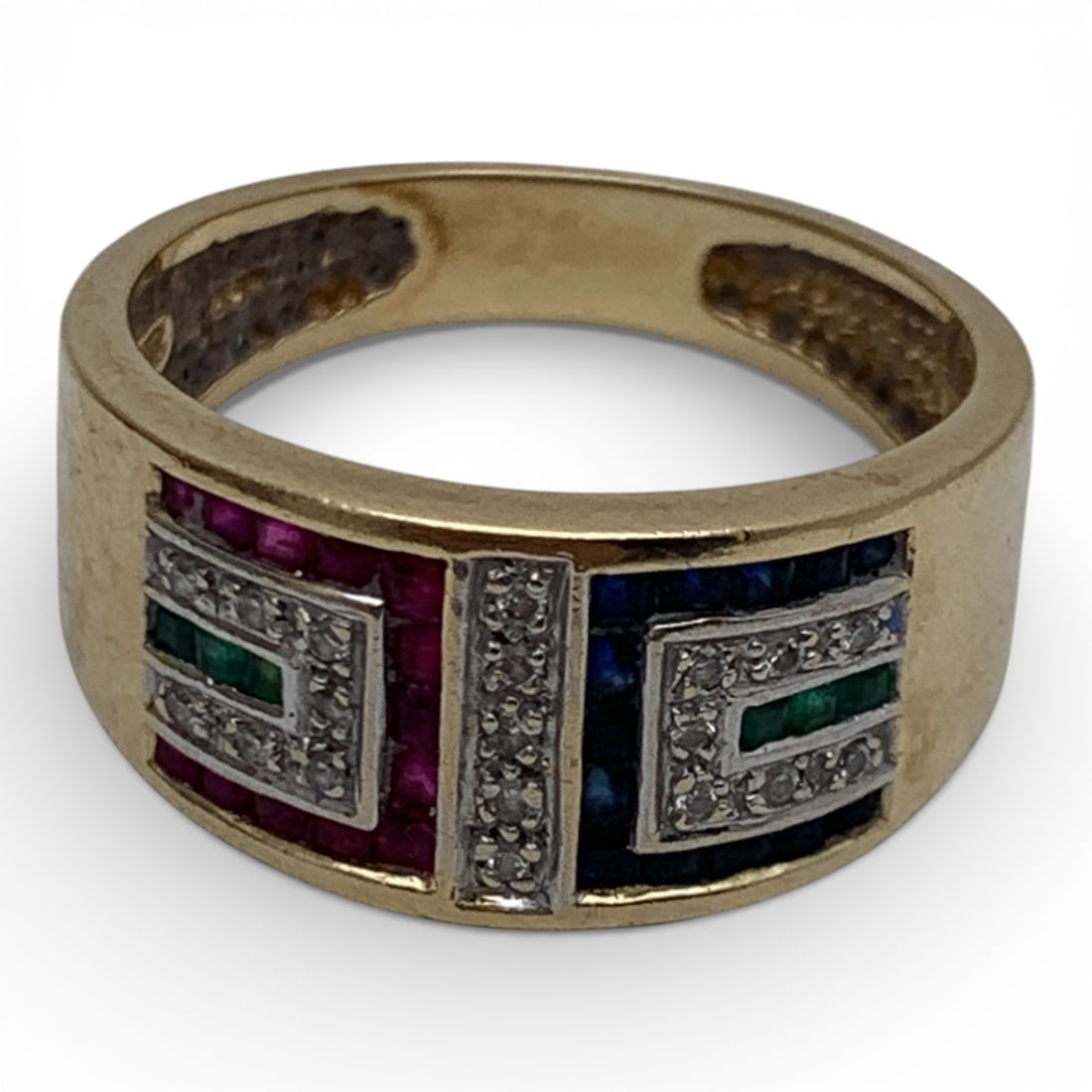 14k Gold Diamond Emerald Ruby & Sapphire Ring - 3