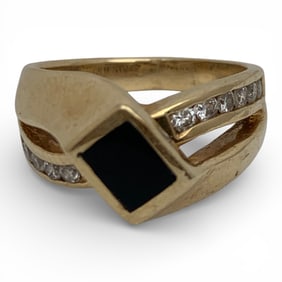 14k Yellow Gold Diamond & Black Stone Ring