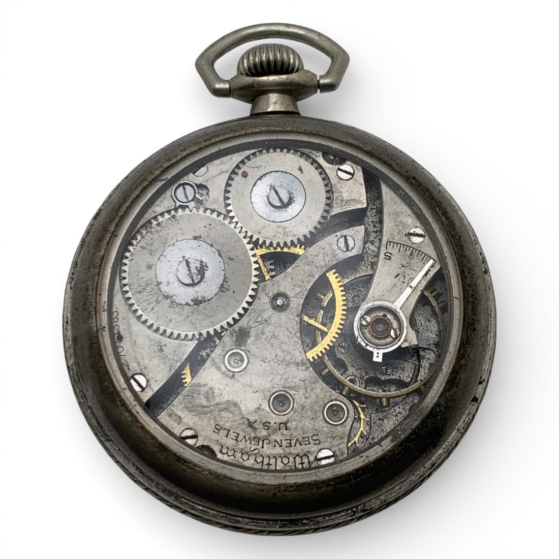 Waltham Silver Tone Pocket Watch: Marked On Face: WalthamMarked On Movement: Waltham, Seven Jewels, 270143832 5/8" Long - 81.4 Grams Missing Front Crystal