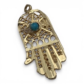 14k Yellow Gold Hand Pendant With Blue Stone