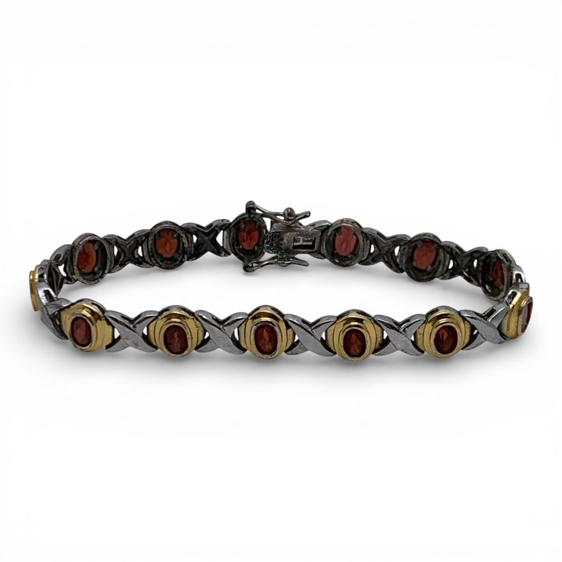 Sterling Silver Bracelet With Red Stones: Marked 925 - 7 1/4" Long - 14.4 Grams