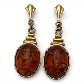 Pair Of 14k Yellow Gold & Amber Earrings