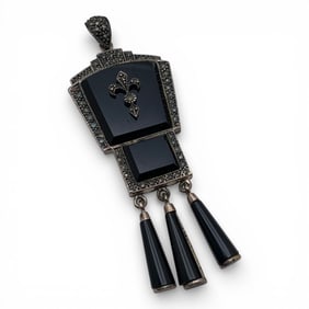 Sterling Silver Marcasite & Black Stone Pendant