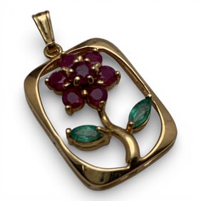 14k Yellow Gold Emerald & Ruby Flower Pendant