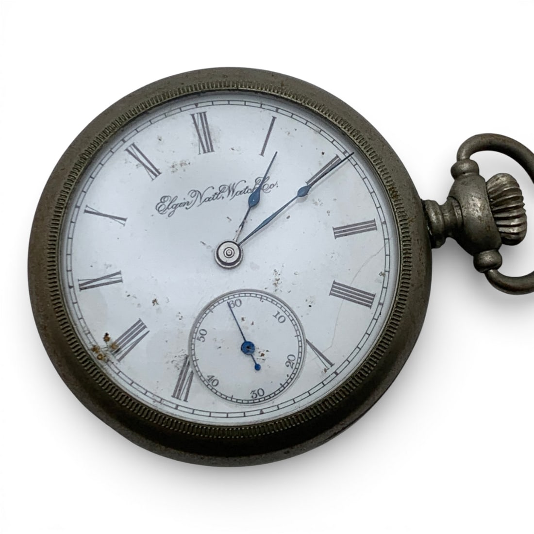 Elgin Silver Tone Pocket Watch: Marked On Face: Elgin Nat'l Watch CoMarked On Back Case: Defiance, 1008801Marked On Movement: Elgin Nat'l Watch Co, 56654092 7/8" Long - 114.7 Grams