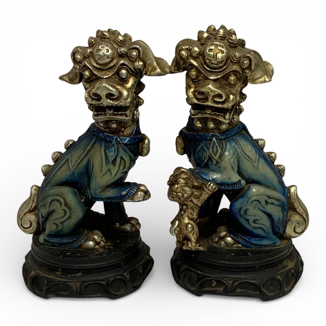 Pair Of Oriental Foo Dog Sculptures: 8 1/2" TallShows Damage To SculpturesSee Photos