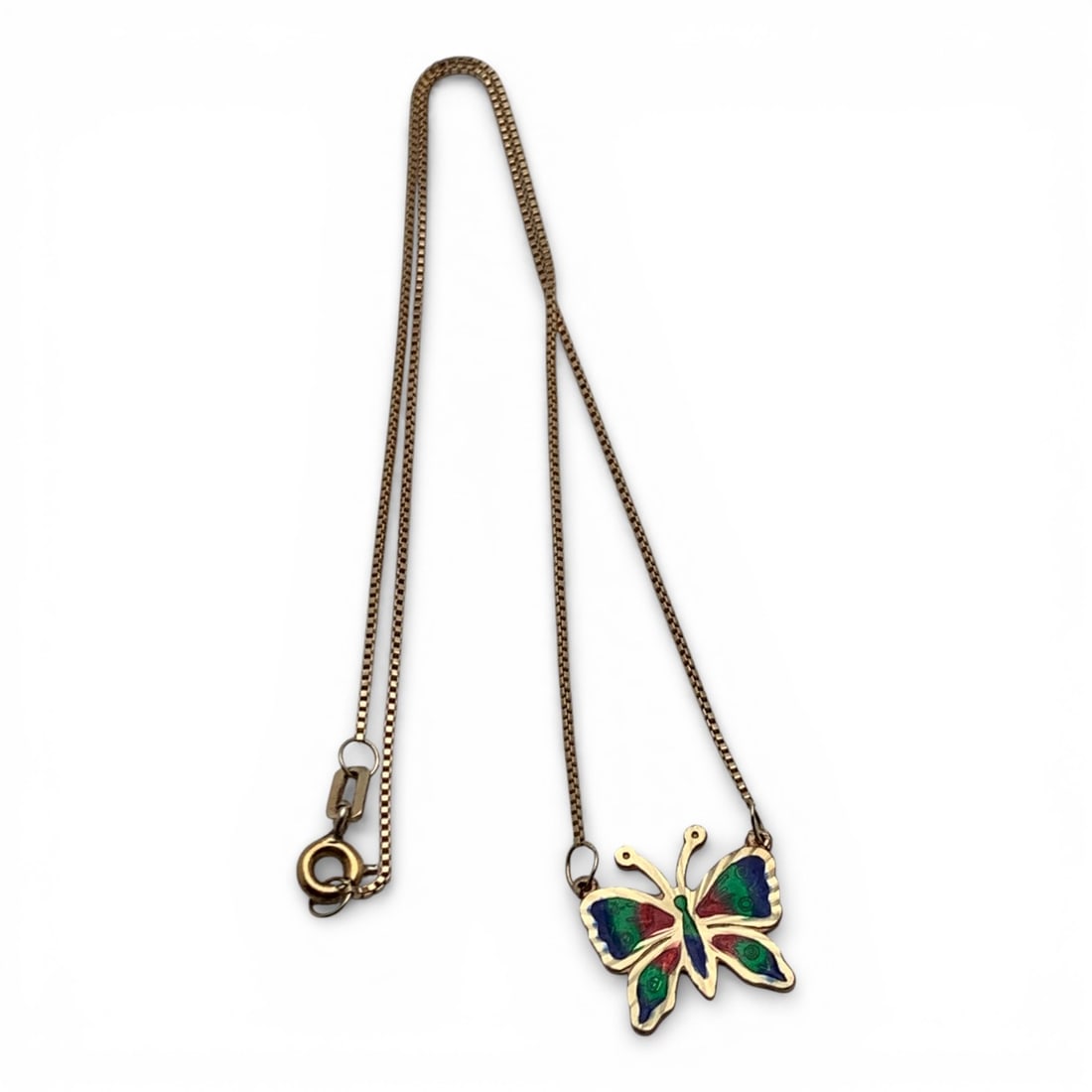 14k Yellow Gold Enameled Butterfly Necklace: Marked 14k - 14 3/4" Long - 2.2 DwtGemstones Tested With Presidium Gem Tester Il - Berners Does Not Guarantee Authenticity Of Gemstones