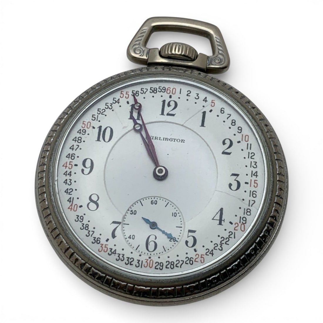 Antique 1921 Burlington Silver Tone Pocket Watch: Marked On Face: BurlingtonMarked On Back Case: Keystone Base Metal, 161079Marked On Movement: Burlington Watch Co, 21 Jewels, 36326532 1/2" Long - 96.0 Grams