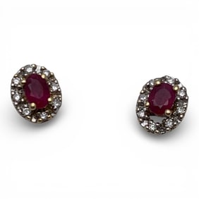 Pair Of 14k Yellow Gold Diamond & Ruby Earrings