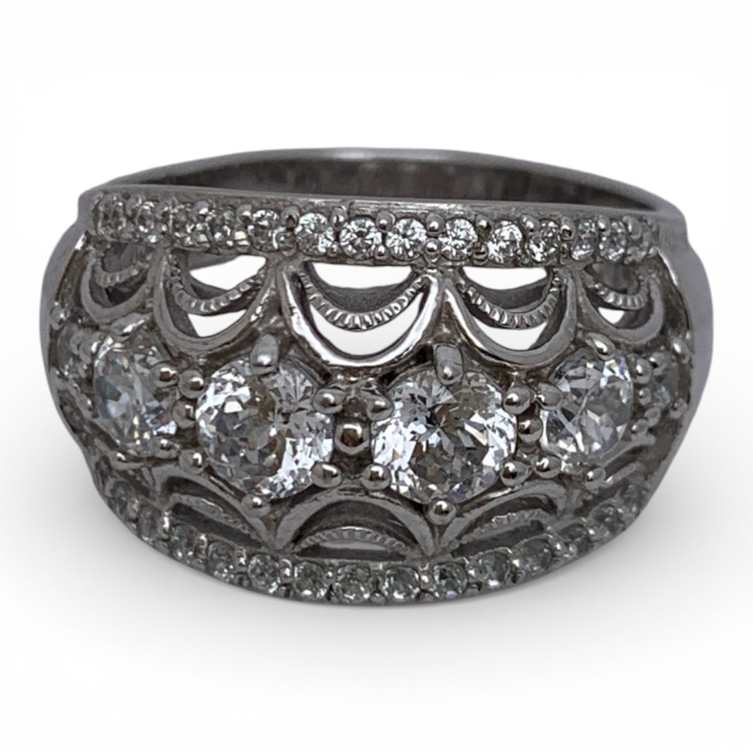 Sterling Silver & Cubic Zirconia Ring: Marked 925 Cz - Size 7 - 6.2 Grams