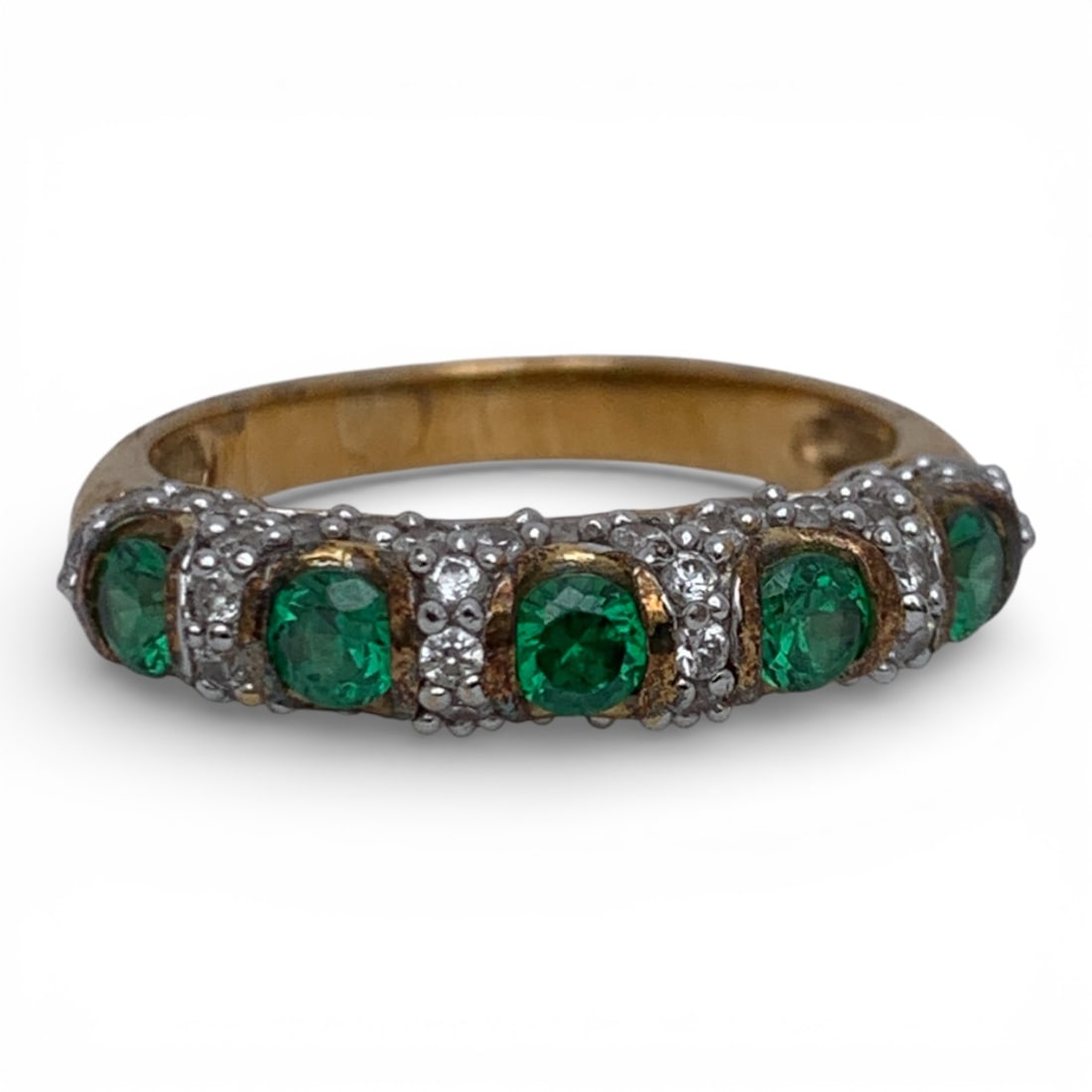 Sterling Gold Tone Ring With Clear & Green Stones: Marked 925 - Size 7 - 3.0 Grams