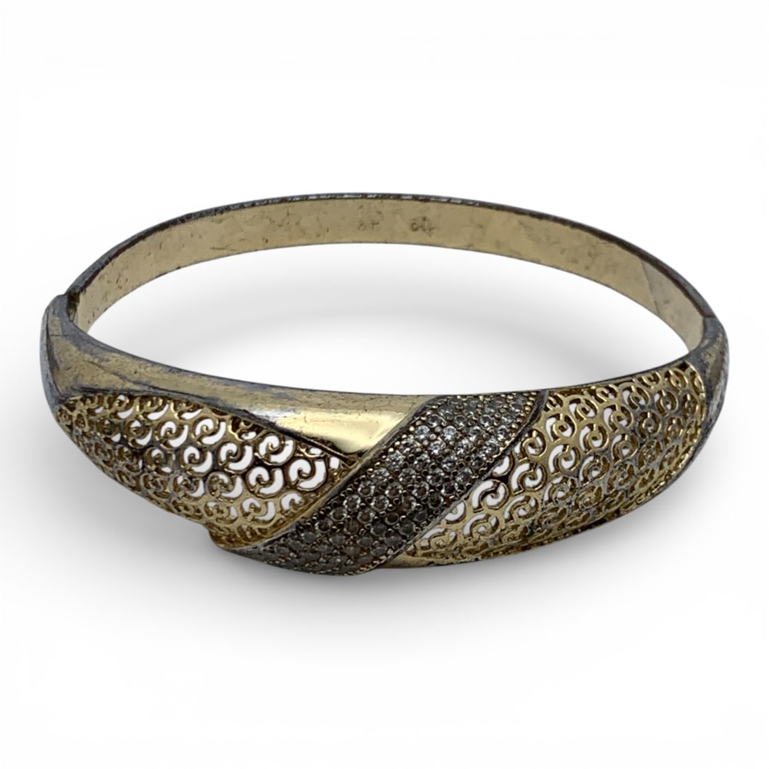 Silver Gold Tone Hinge Bracelet With Clear Stones: Tests Silver - 2 3/8" Inside Width - 22.2 Grams