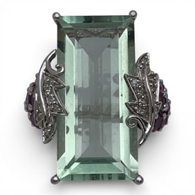 Sterling Silver Ring W Green & Purple Stones