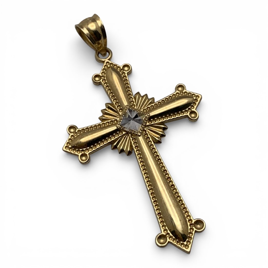 14k Yellow Gold Cross Pendant: Marked 14k - 1 5/8" Long - 1.2 DwtGemstones Tested With Presidium Gem Tester Il - Berners Does Not Guarantee Authenticity Of Gemstones