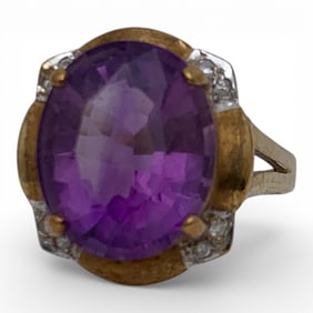 14k Yellow Gold Diamond & Amethyst Ring