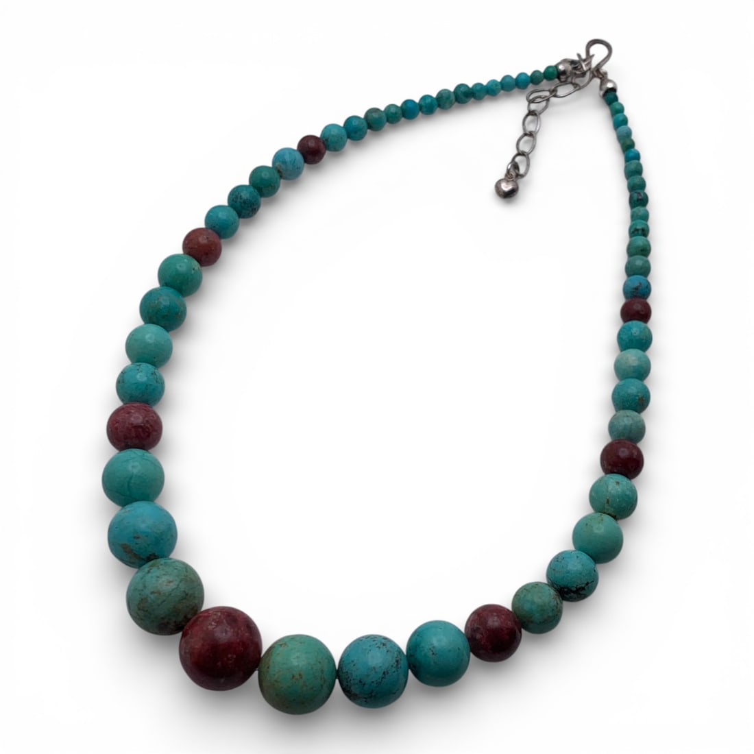 Turquoise & Red Stone Bead Necklace W Silver Clasp: Marked 925 - 21 1/8" Long - 49.4 Grams