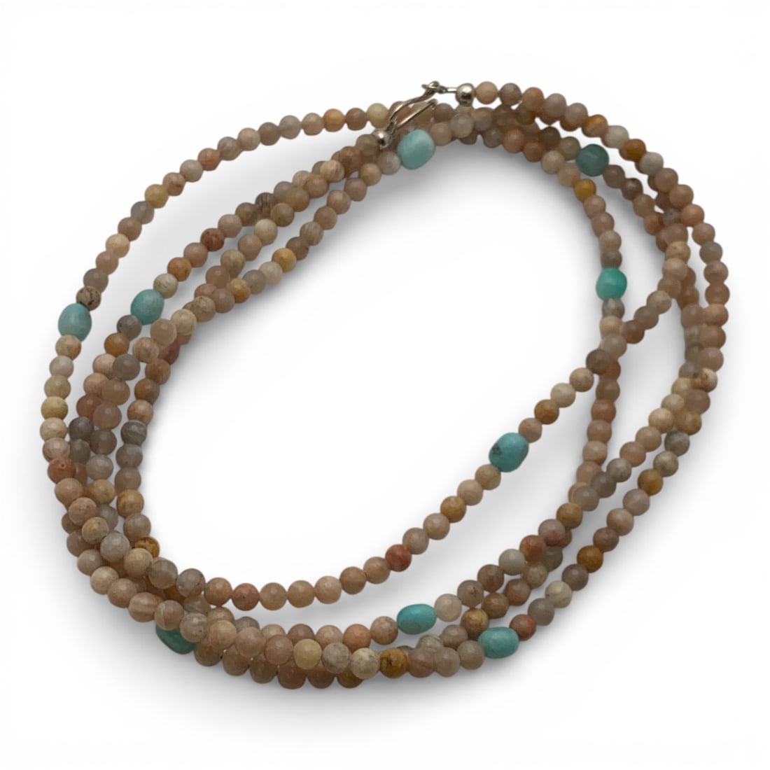 Light Stone Beadaed Necklace W Sterling Clasp: Marked 925 - 60 1/2" Long - 58.8 Grams